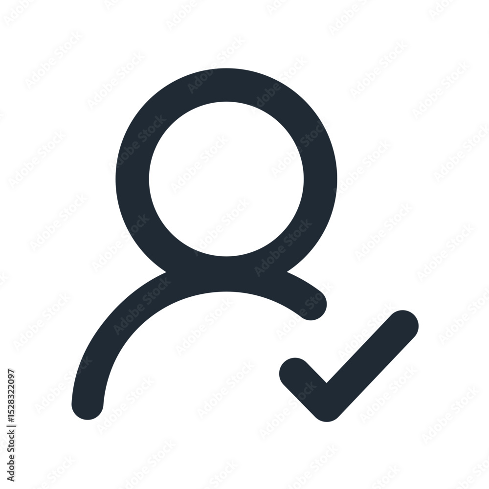 Poster person icon with check mark indicating approval or selection in a simple line drawing style design