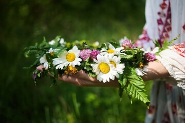 Summer Solstice Day, Midsummer night. Wildflower wreath. Ligo, Ivan Kupala traditions.