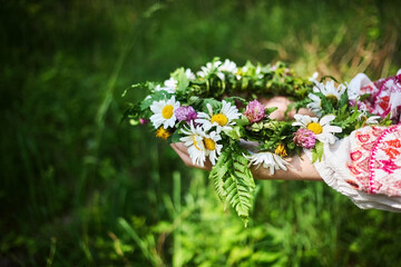 Summer Solstice Day, Midsummer, Litha holiday. Flowers wreath