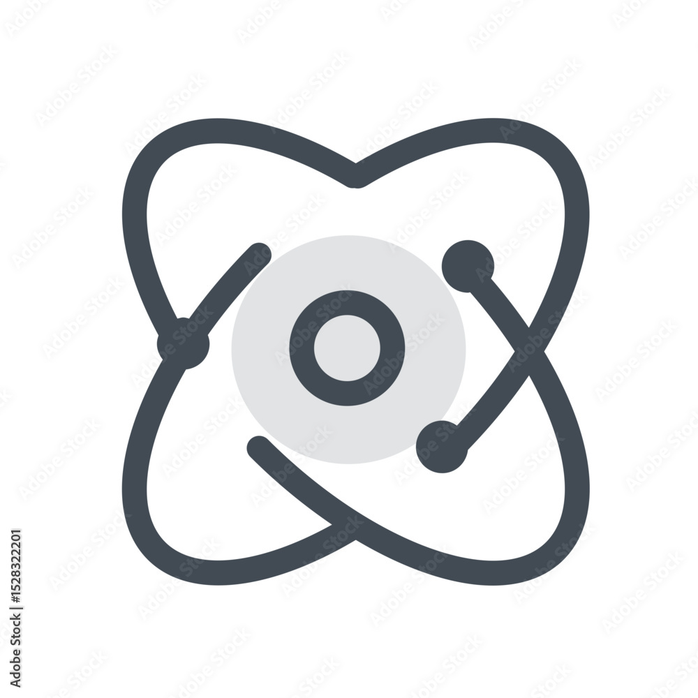 Poster illustration of an atom with electrons orbiting a nucleus on a plain white background design element