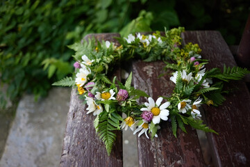 Summer Solstice Day, Midsummer night. Wildflower wreath. Ligo, Ivan Kupala traditions.