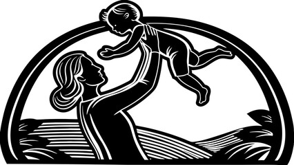 Black and white illustration of a mother lifting her joyful baby for parenting and family themes