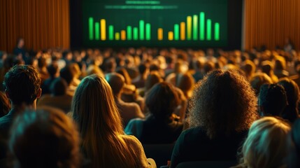 Diverse audience watching presentation with green and yellow bar graphs in theater