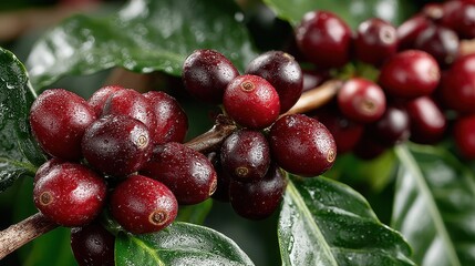 Close up shows glistening ripe coffee cherries growing on a branch outdoors.