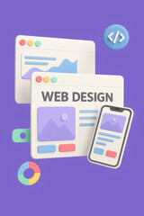 Web design elements like code, a mobile interface, charts, and browser windows. Visual representation of website development.