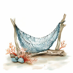 Fishing net rests between two wooden posts by coral reef Generative AI