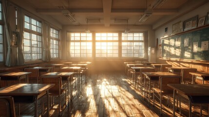A sunlit empty classroom presents an inviting scene of learning space.