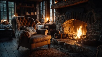 Comfortable armchair sits near cozy fireplace in rustic living room scene. © Suppattra