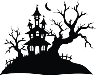 Silhouette of a spooky haunted house with moon isolated on white