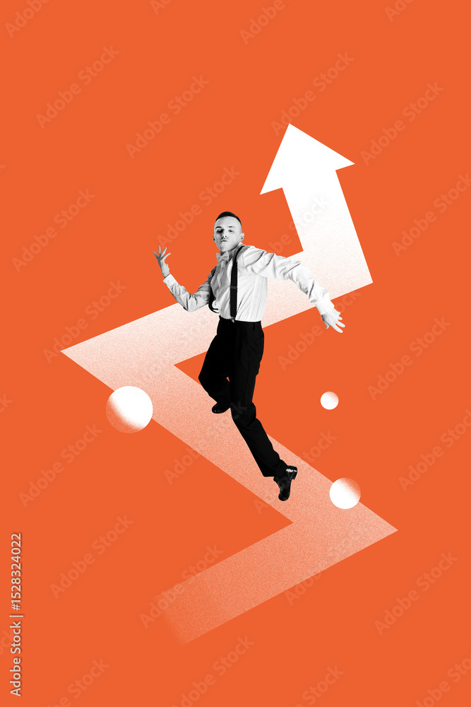 Poster art image vertical photo collage of happy man stand arrow pointer development concept success statis