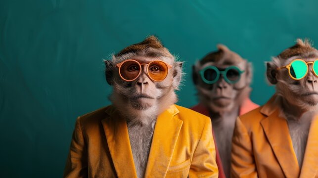 Three stylish monkeys don vibrant suits and sunglasses, striking a comedic pose that highlights contrasts between human fashion and animal behavior, evoking humor and curiosity.