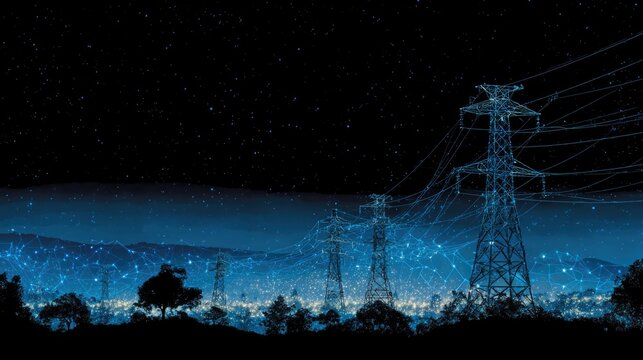 Smart Grid and Power Transmission at Night - Powered by Adobe
