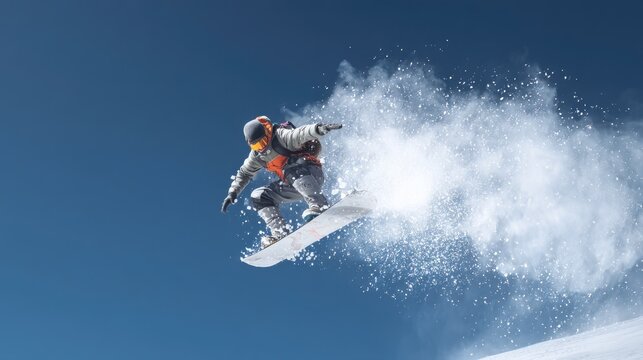 Snowboarder in Mid-Air with Snow Spray and Blue Sky - Powered by Adobe