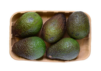 Cardboard container with avocado on a white background