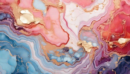 「アルコールインクアートの抽象的デザイン｜ゴールドアクセントと幻想的なカラー模様」

