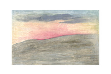 Watercolor illustration of a postcard with sunrise over a meadow.