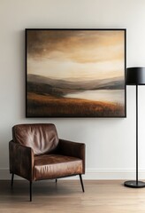 Landscape painting on wall, leather armchair