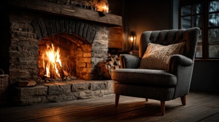 An inviting armchair sits near a warm fireplace on a cozy winter evening