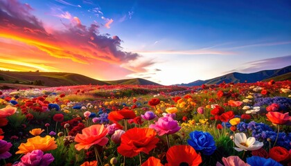 「幻想的な花畑と夕焼けの風景｜ファンタジーな自然アート壁紙」

