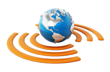 Wireless symbol around the blue earth on transparent background. 3D illustration