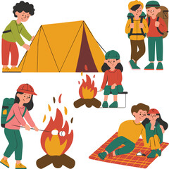 Fototapeta premium Campers making s’mores around a warm fire in the woods. 