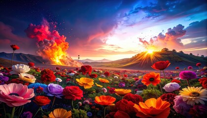 「幻想的な花畑と夕焼けの風景｜ファンタジーな自然アート壁紙」

