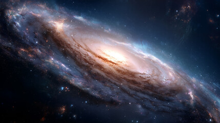 Spiral galaxy with glowing core and blue gas clouds