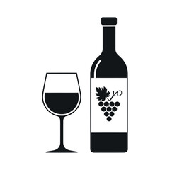 Elegant Wine Bottle and Glass Silhouette with Grape Design for Wine Tasting and Celebration Concepts in Simple Black and White