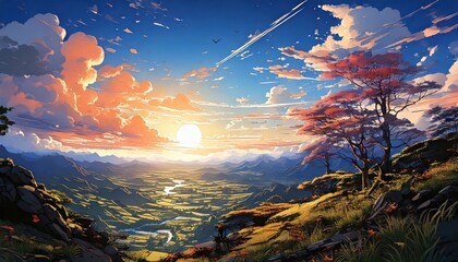 「ジブリのようなアニメ風景｜美しい山と谷の幻想的な自然アート」

