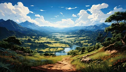 「ジブリのようなアニメ風景｜美しい山と谷の幻想的な自然アート」

