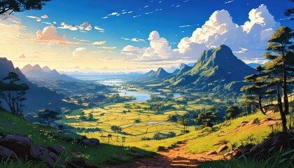 「ジブリのようなアニメ風景｜美しい山と谷の幻想的な自然アート」

