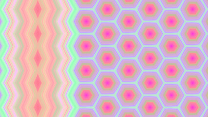 Pastel neon rainbow abstract background with geometric pattern of hexagon and rhombus shapes, zigzag lines stripes in fluorescent green, light blue, pale yellow peach orange, bright pink, lilac purple