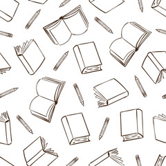 Back to school doodle seamless pattern with books and pencils. Vector education print