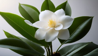 a white flower is in a vase with green leaves