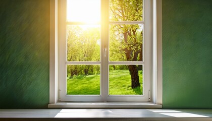 open window with fresh greenery and sunlight in springtime
