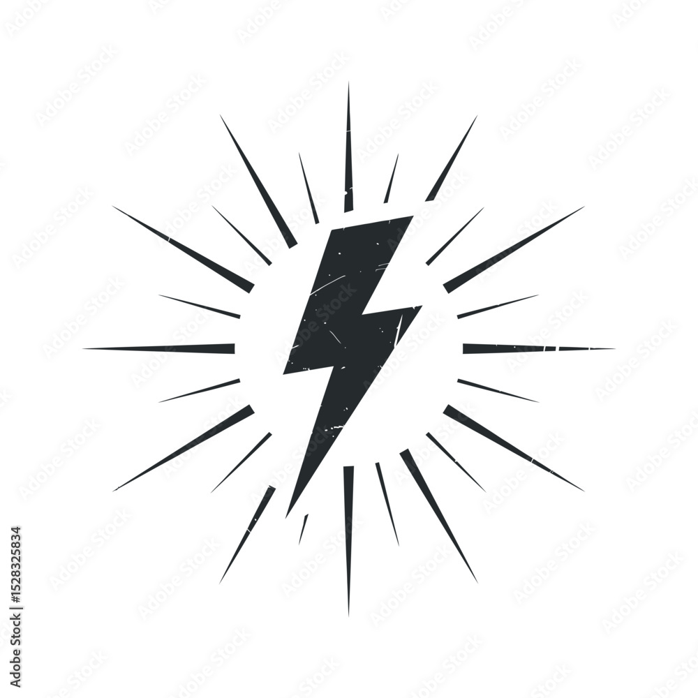 Poster stylized lightning bolt with sunburst effect in black and white with distressed texture for design e