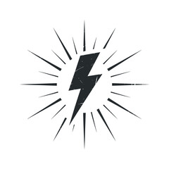 Stylized Lightning Bolt with Sunburst Effect in Black and White with Distressed Texture for Design Elements and Logos
