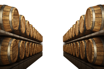 Stocked wine barrels on transparent background.