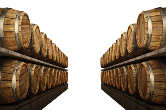 Stocked wine barrels on transparent background.