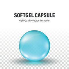 Blue Softgel Round Capsule, Vector 3d Illustration. Glossy Gel Pill, Dietary Supplements, Vitamins, Omega-3, Probiotics, Nutritional Health. Pharmaceutical Medicine, Gelatin Capsule Design Template