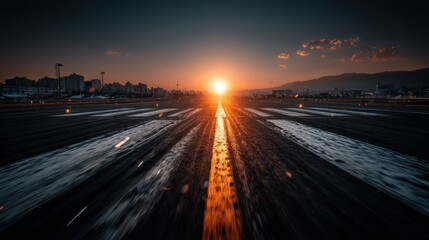 Obraz premium The sun sets over a wet airport runway creating a golden light reflection