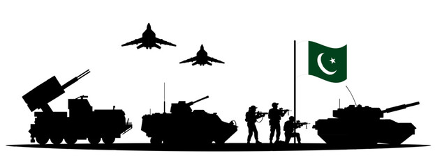 Silhouettes of Pakistani army tanks, soldiers, rocket launchers, and jets with Pakistan flag. National defense and regional military power of Pakistan concept. Vector illustration on white background