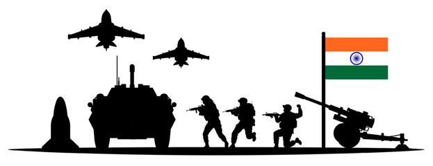 Silhouettes of Indian army soldiers, military trucks, artillery, and fighter jets with India’s national flag isolated on white background. Indian defense forces and regional military power concept