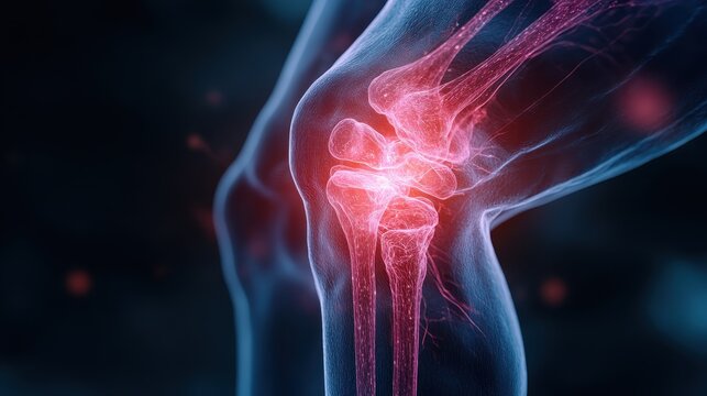 A detailed visual representation of a knee joint highlighting pain, showcasing the complexities and struggles associated with joint issues, perfect for medical illustrations or wellness themes.