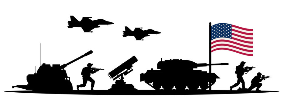 Vector illustration of US army silhouettes with tanks, missile launchers, soldiers and jets under the American flag isolated on white background. Military strength, readiness, global operation concept