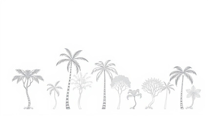 Tree line drawing, Side view, set of graphics trees elements outline symbol for architecture and landscape design drawing. Vector illustration in stroke fill in white. 