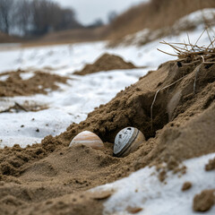 An object rests on dry sand, partially buried or exposed, its texture contrasting with the gritty surface, evoking stillness, heat, and discovery.