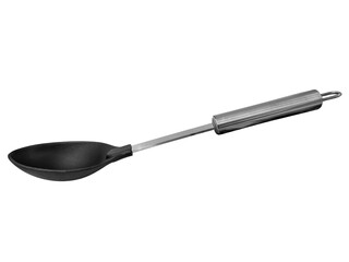 Black silicone rubber kitchen spoon with stainless steel handle isolated