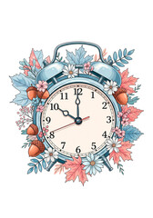 Elegant Watercolor Blue Alarm Clock with Autumn Leaves, Acorns, and Floral Accents