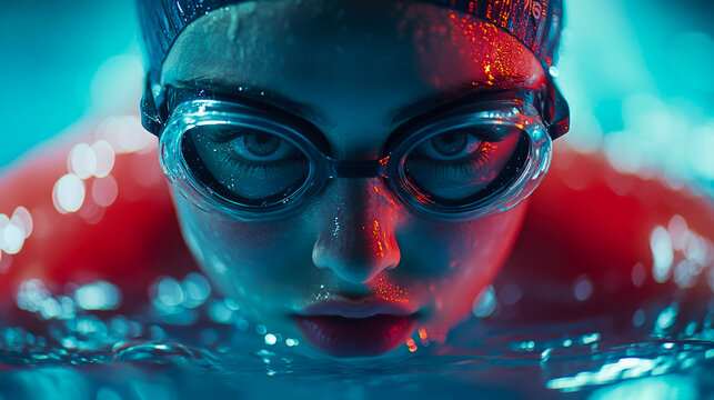 Swimmer Portrait: Close-up of a person with goggles in water, illuminated by vibrant red and blue light